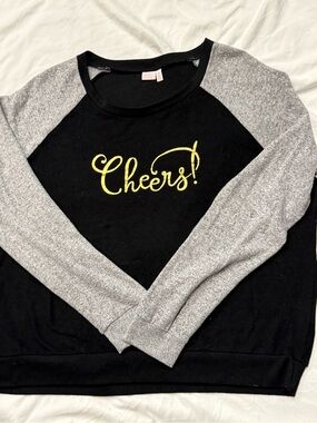 Make + Model Black Sweatshirt with Gray Raglan Sleeves and Yellow 'Cheers!'